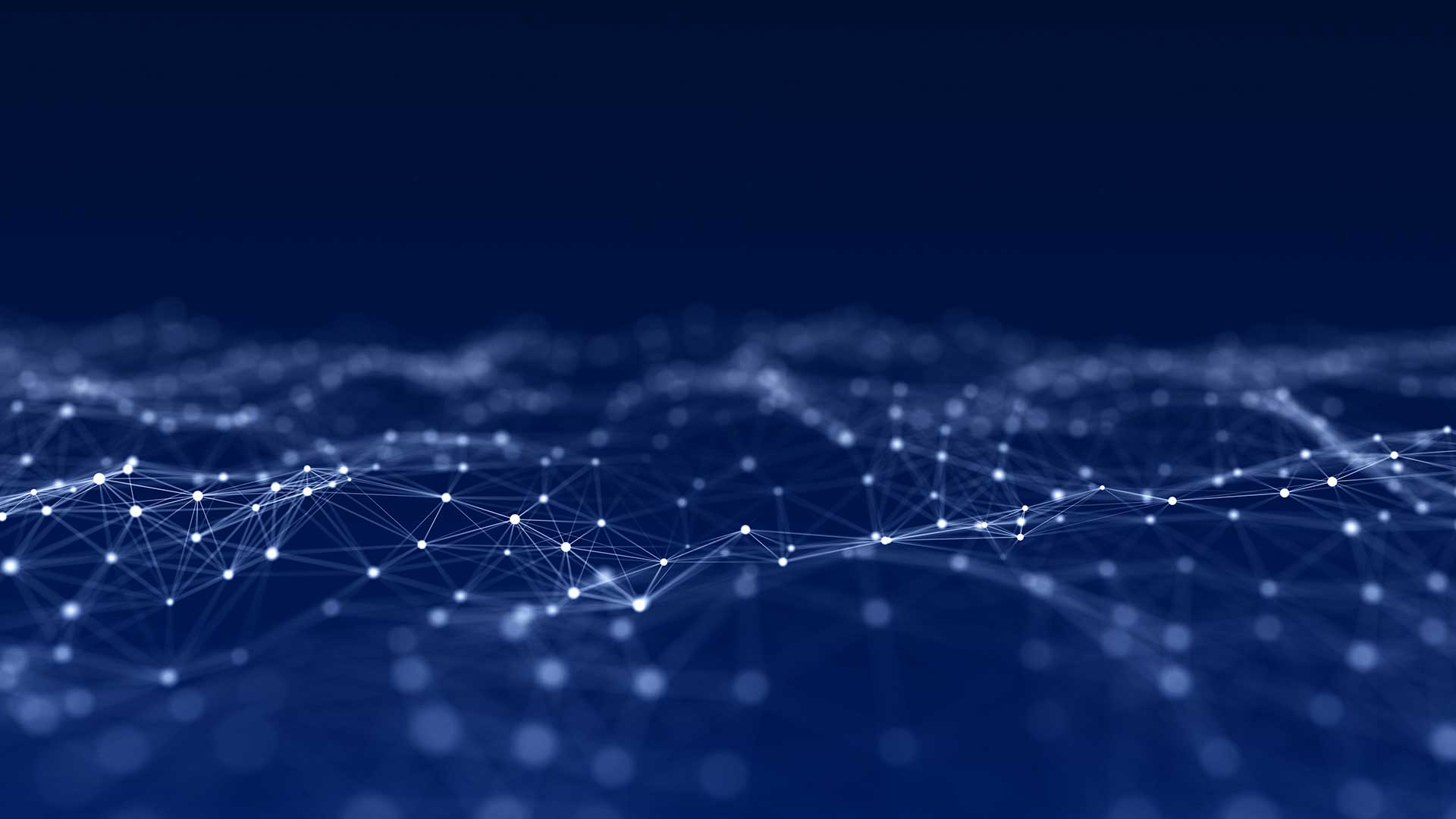 Abstract blue digital network with glowing connection points linked by thin lines.