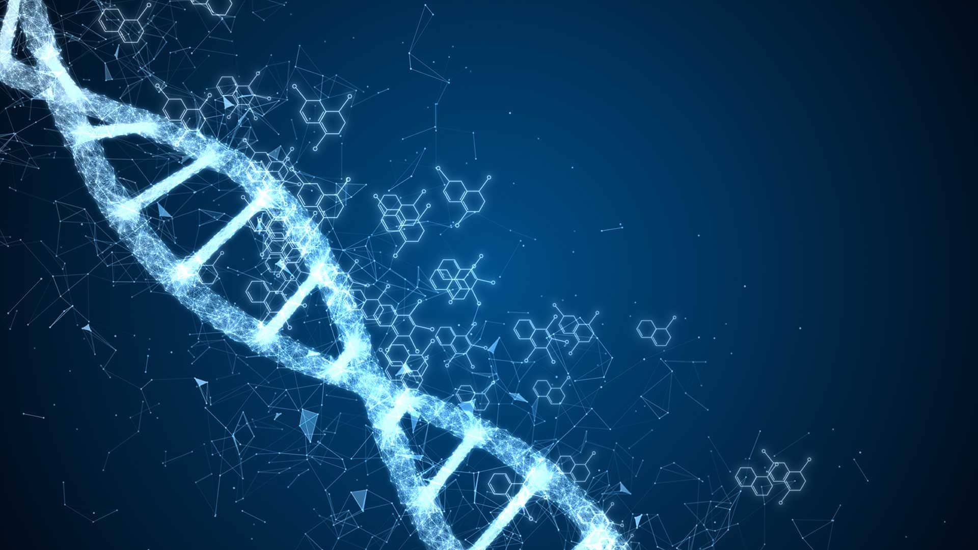 Digital illustration of a glowing DNA strand with interconnected molecular and data network elements on a blue background.