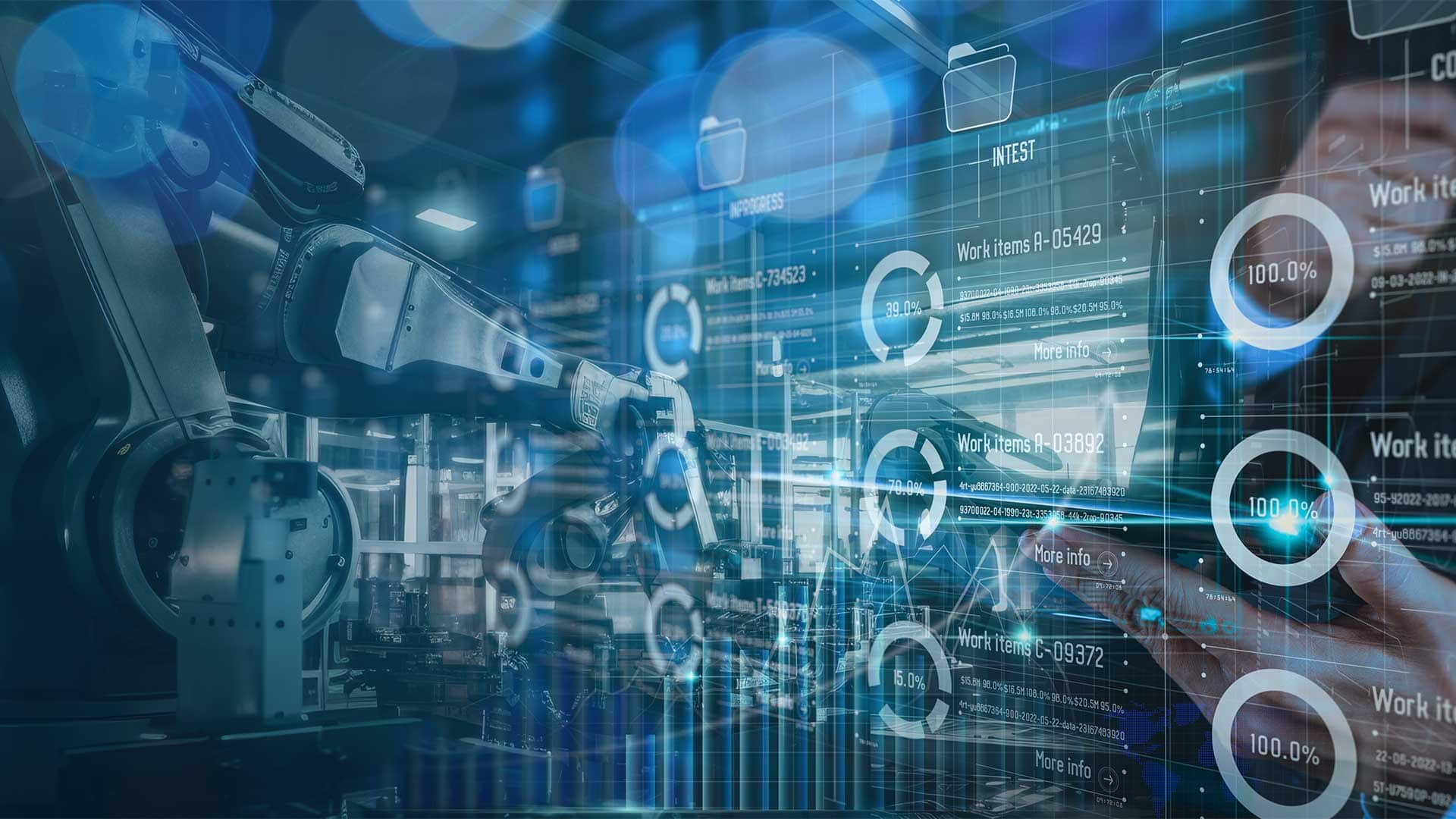 Digital manufacturing dashboard overlaid on a robotic production system, representing automation, data analytics, and smart manufacturing technology.